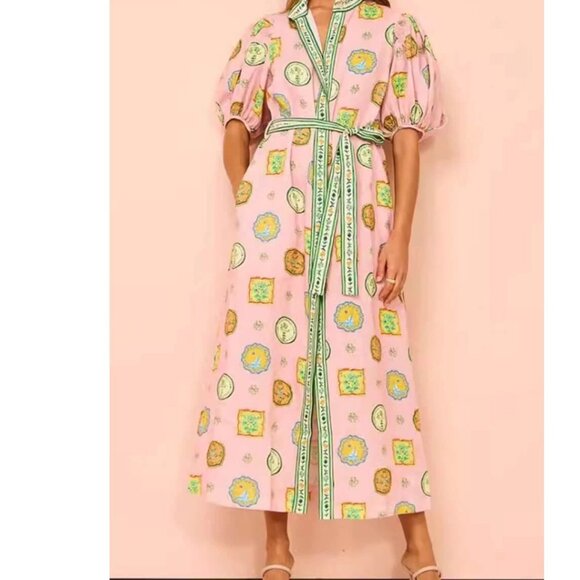 Porcelain Print Linen Midi Shirt Dress Pink Balloon Sleeve Belted Boho Luxe M - Picture 3 of 10